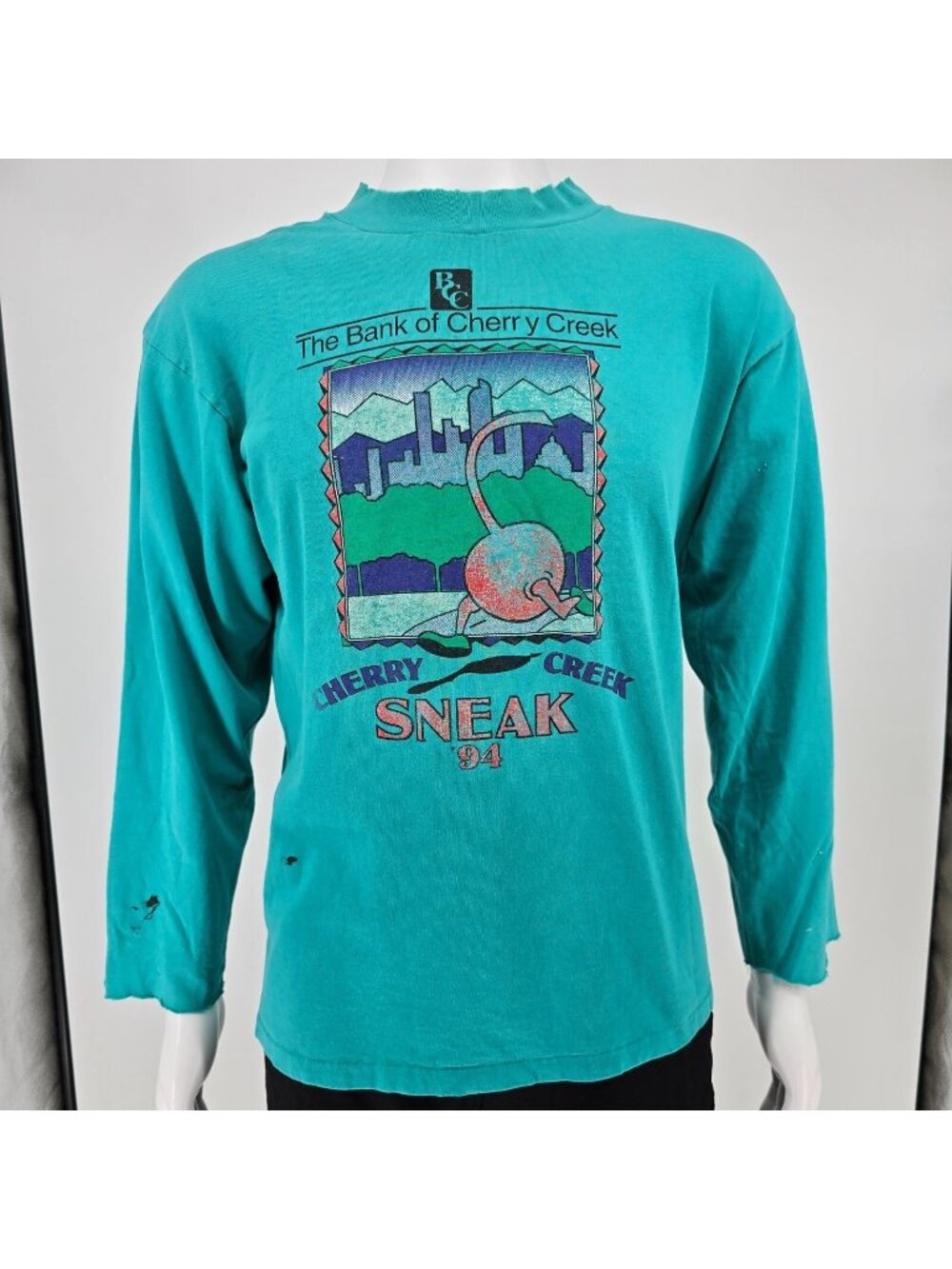 Distressed Vintage 1994 Cherry Creek Sneak Denver Teal Long Sleeve T-Shirt (L)